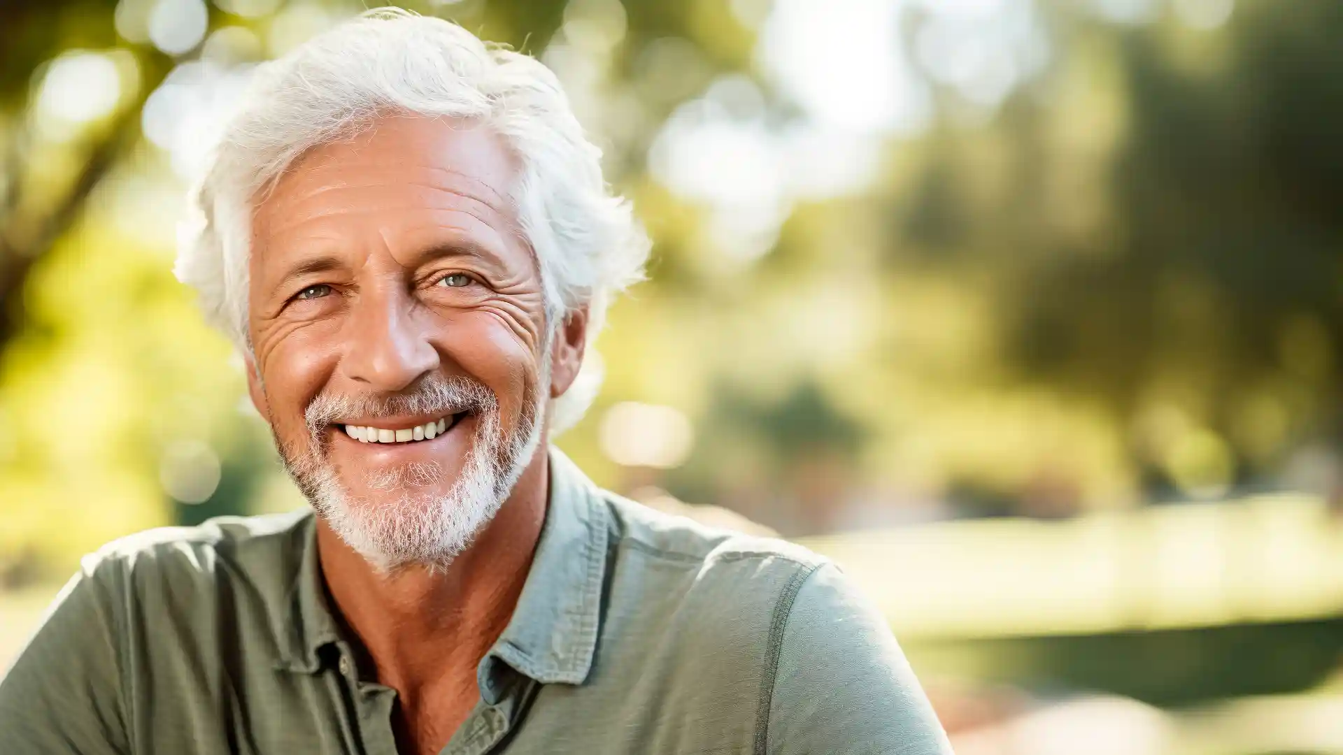 白人白髪白髭の男性がこちらを見て笑っている