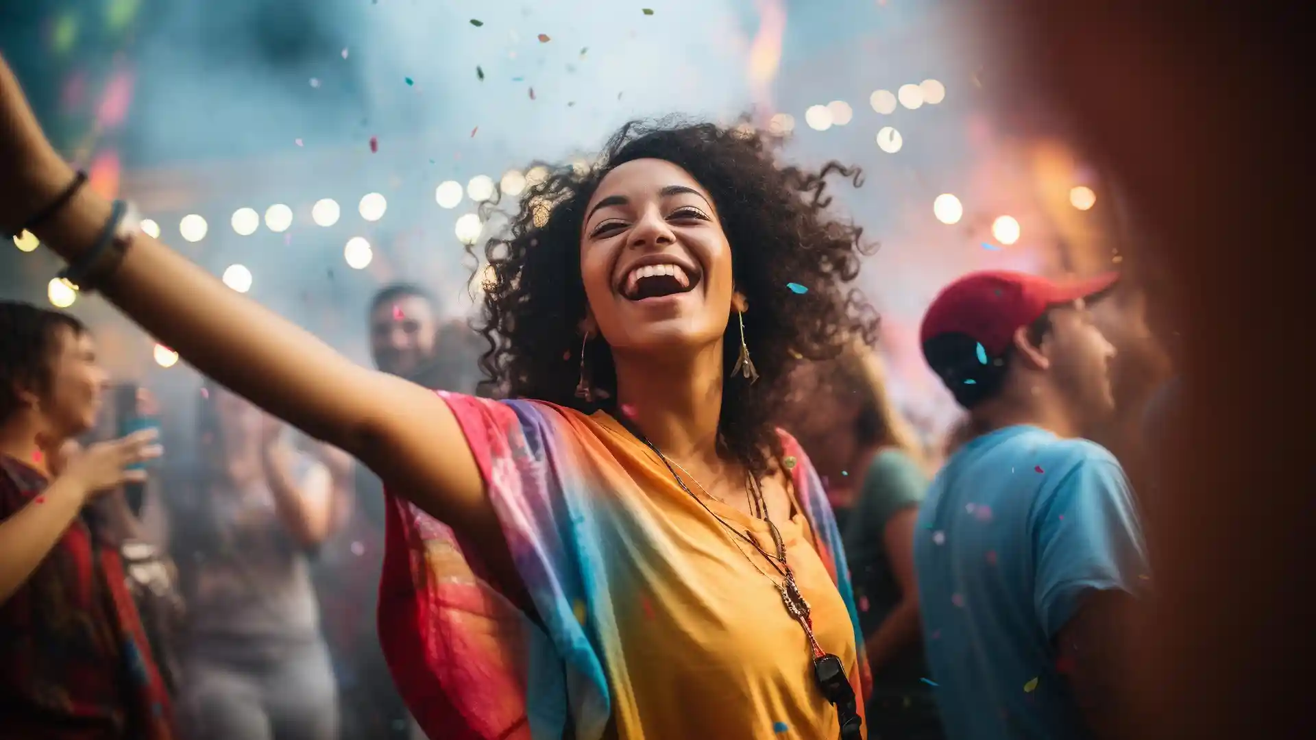 女性が右手を挙げて笑っている