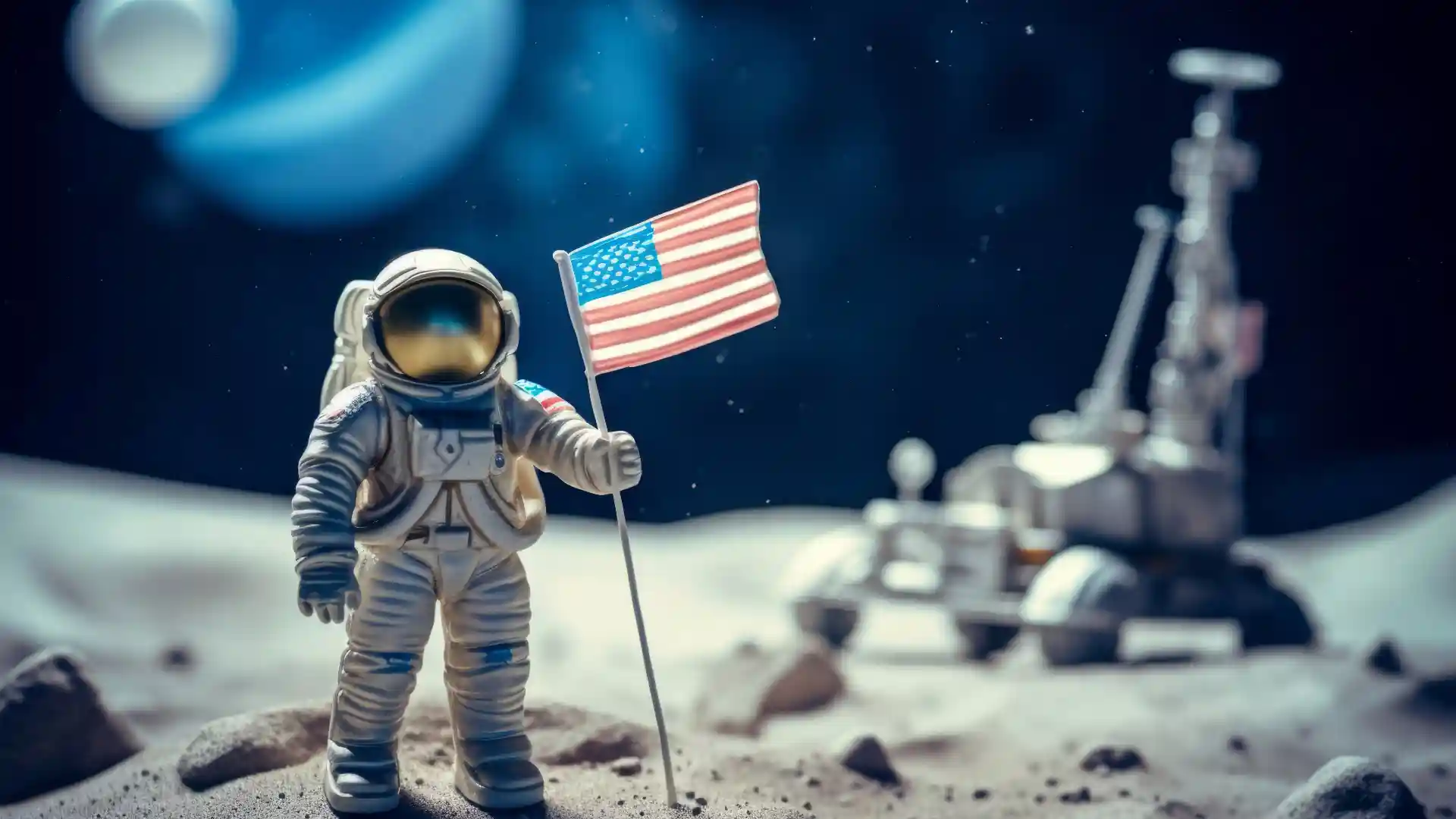 宇宙飛行士のおもちゃが月面に降り立ちアメリカ国旗を掲げている