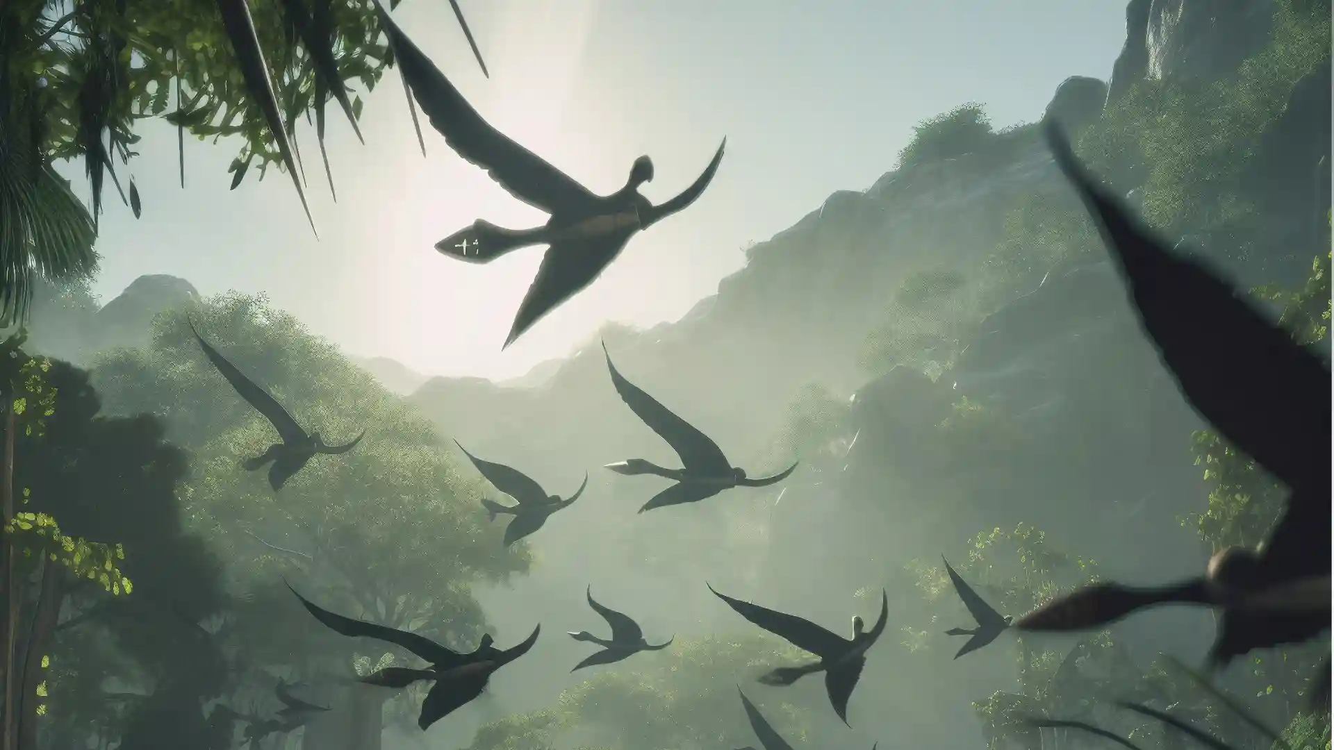 森の中にたくさんの翼竜が飛んでいる