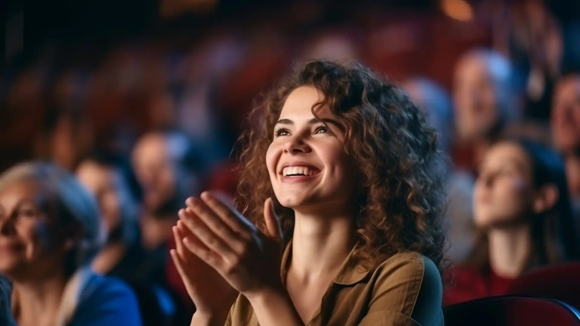 映画を見て拍手する女性