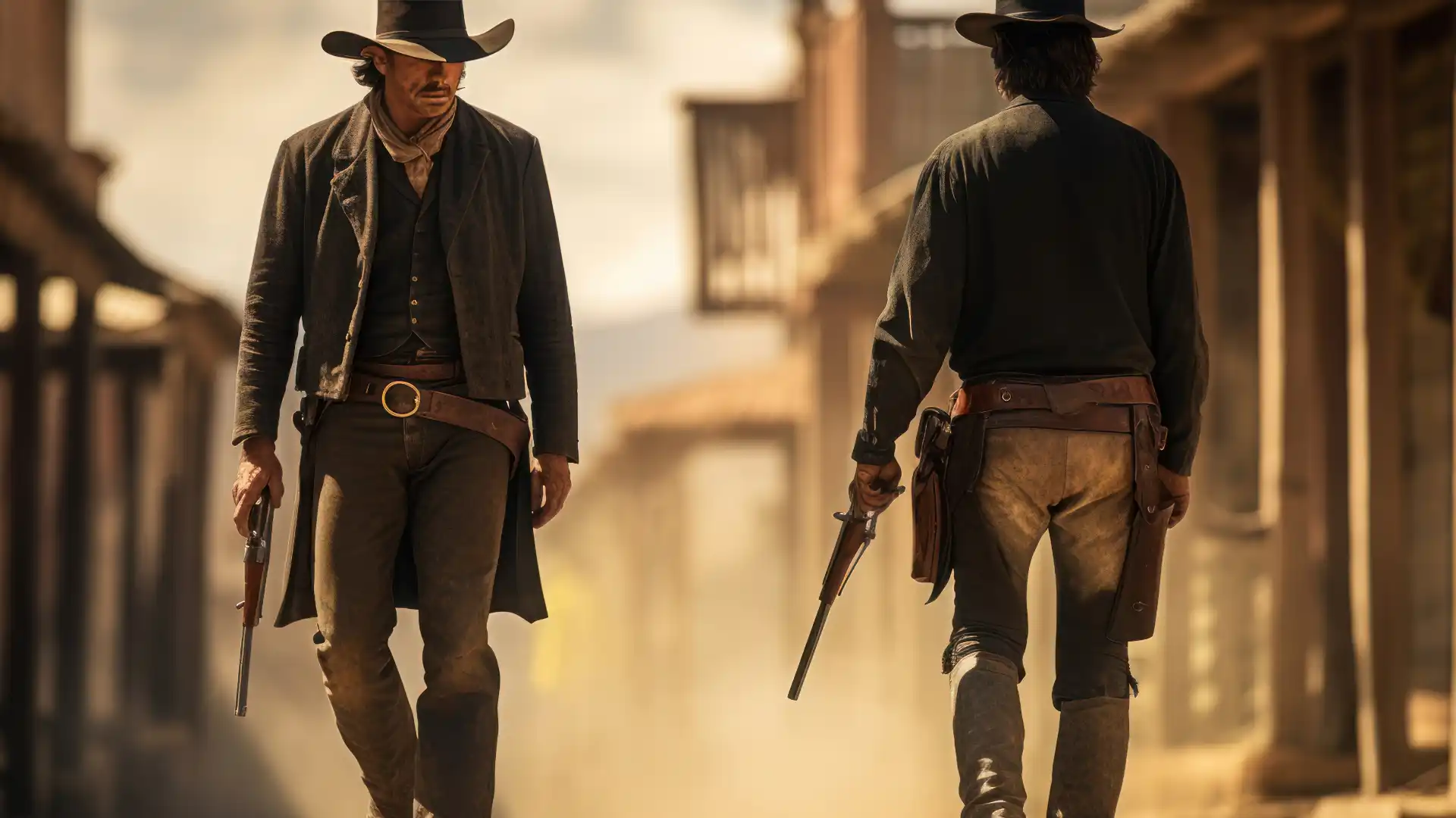 西部劇の舞台で2人の男が銃を抜き決闘しようとしている