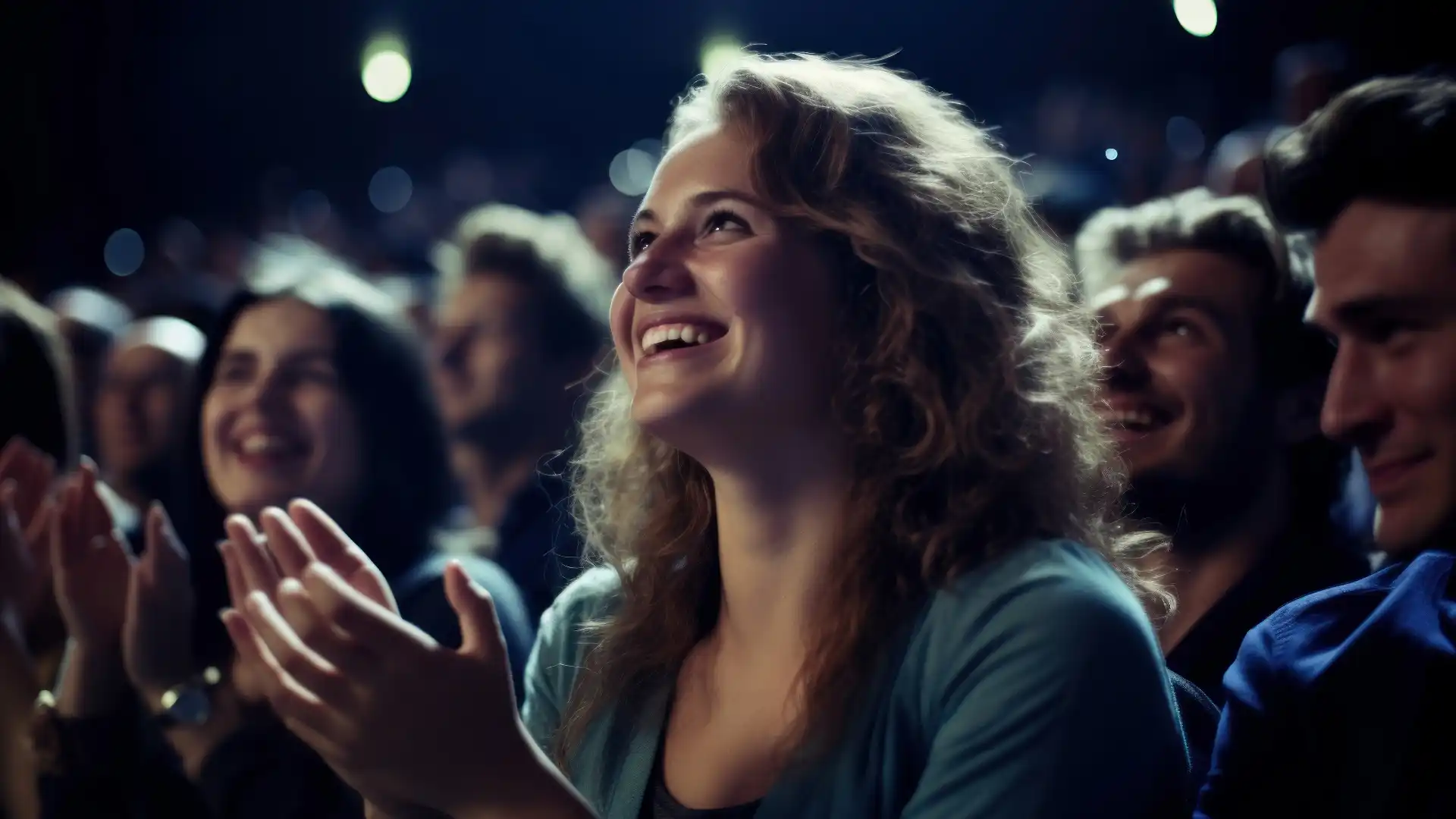 映画館で拍手する金髪女性
