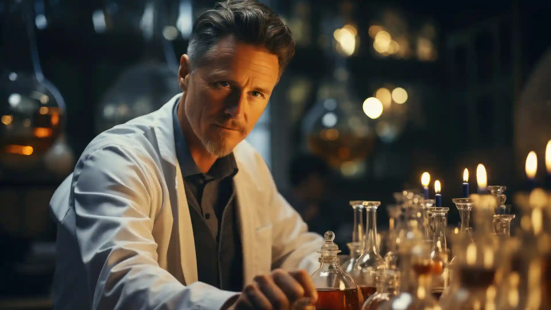 中年男性の科学者が白衣を着てこちらをみている