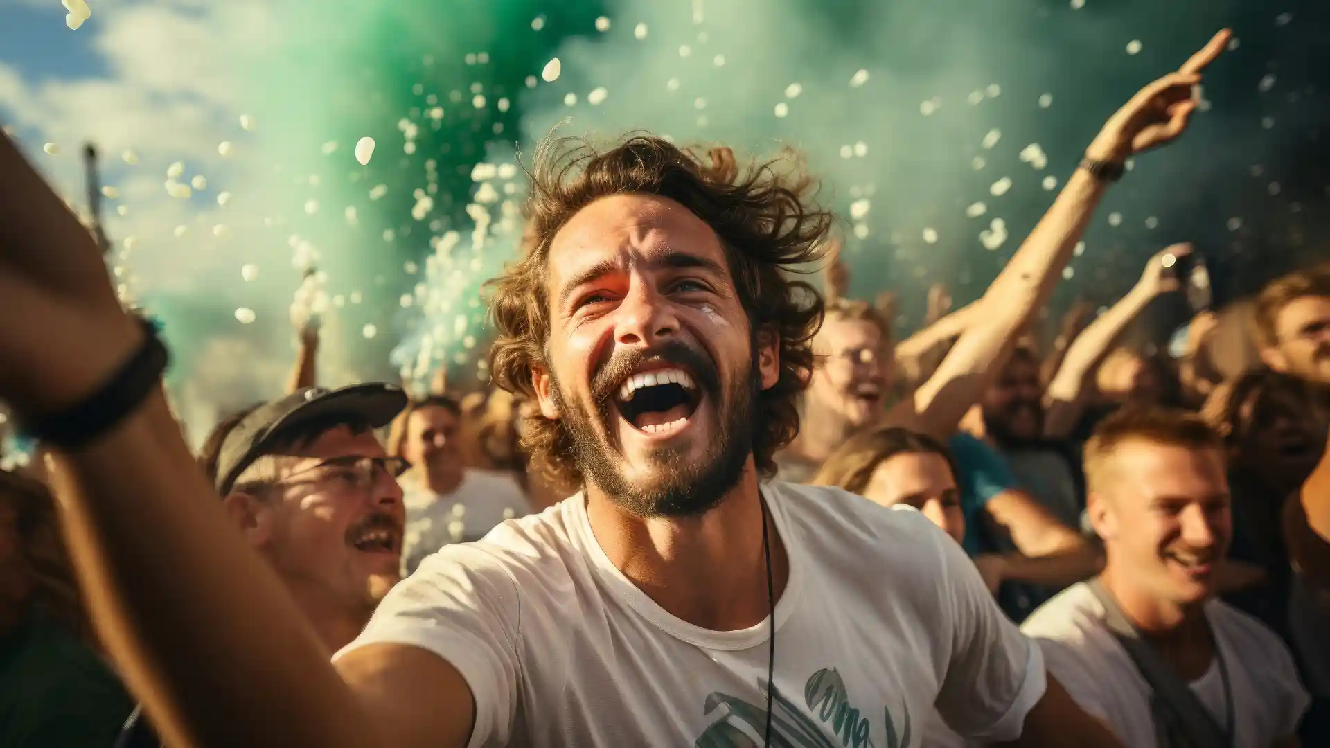 白いTシャツを着た男性が右手を挙げ歓喜している