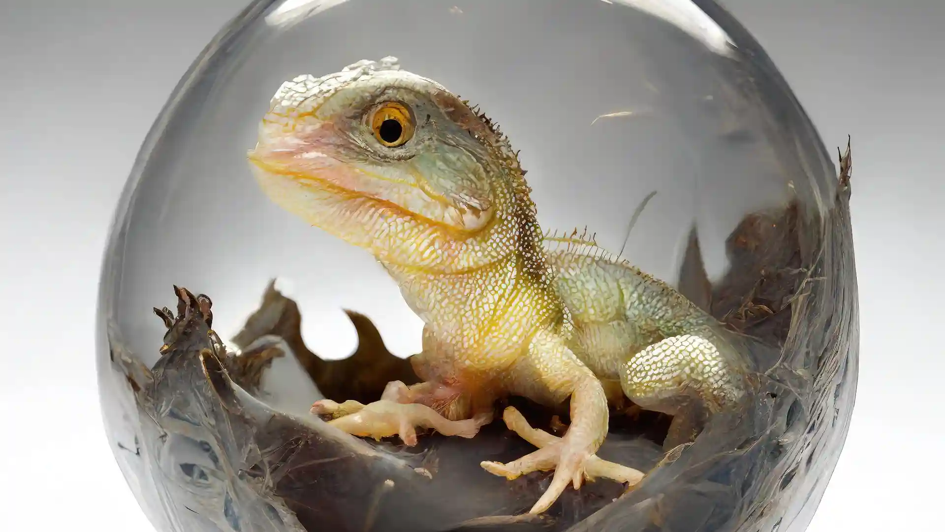 透明な卵の中にトカゲの赤ちゃんがいる