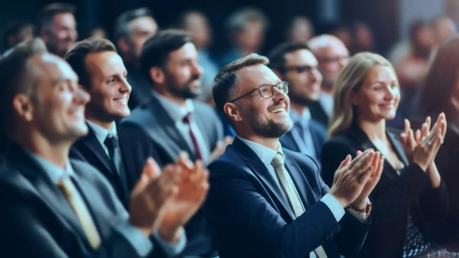 スーツ姿の男女大勢が拍手し褒め称えている