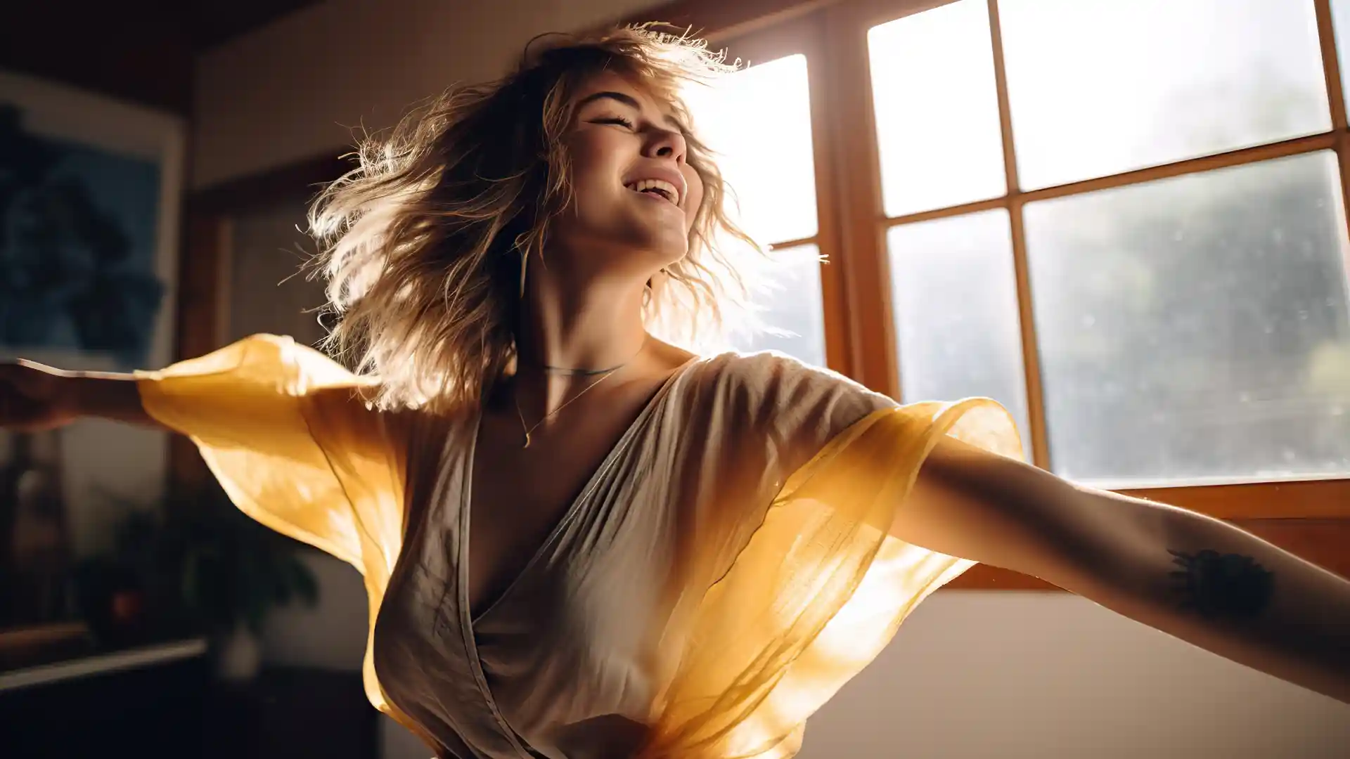 両手を広げた女性が気持ち良さそうに立っている