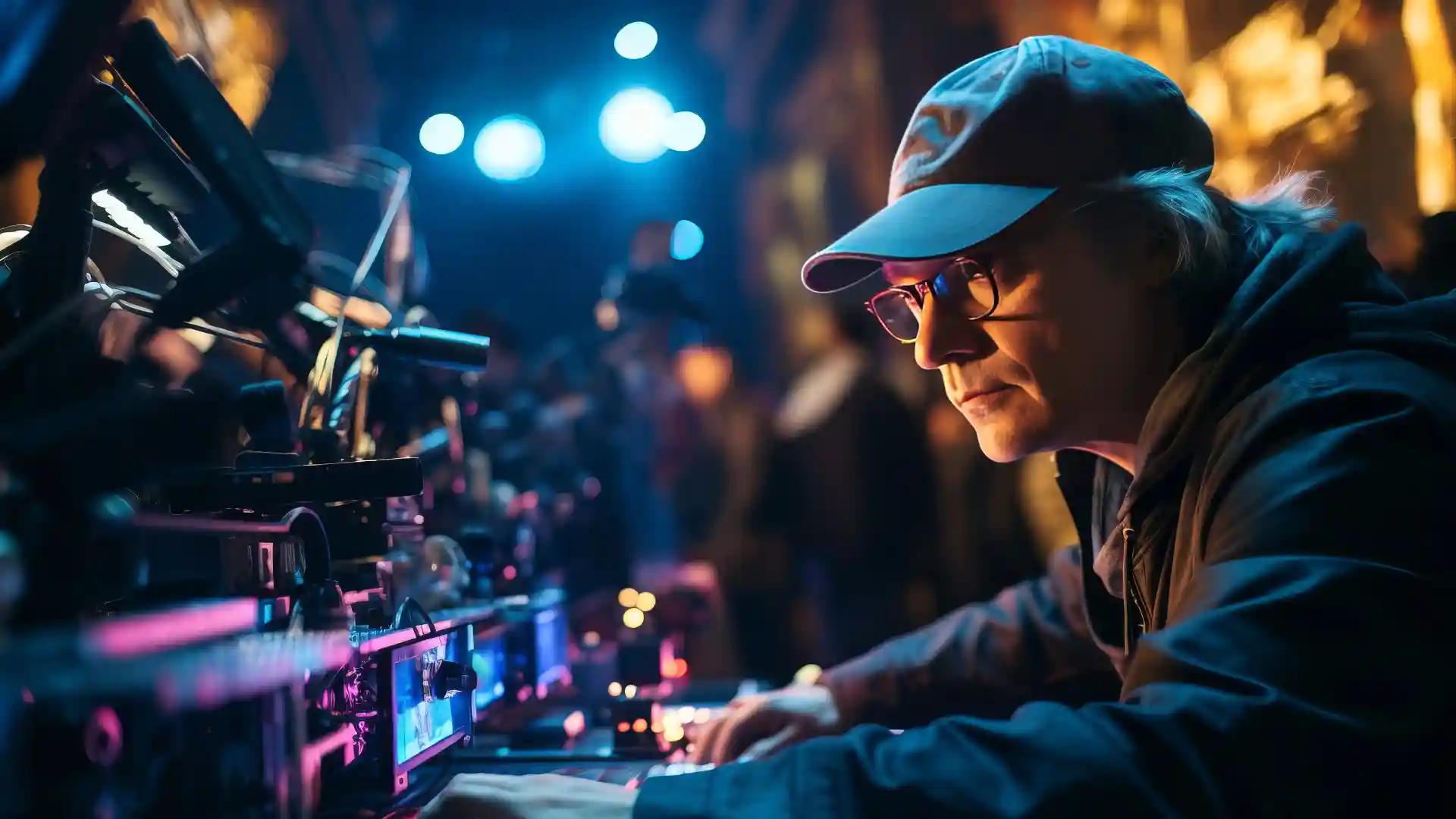 映画監督をイメージした画像中年男性が編集作業をしている