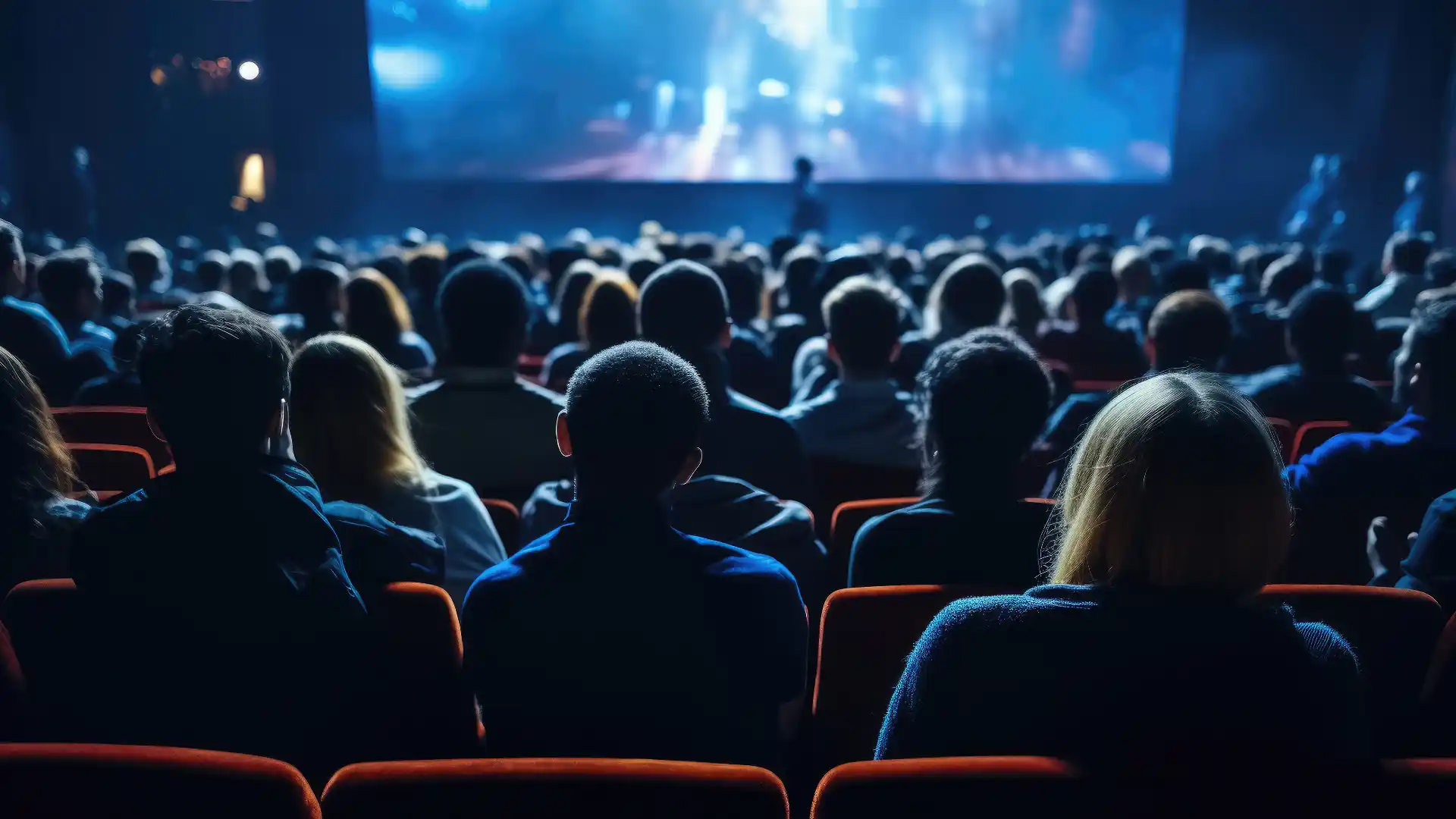 映画館で音楽映画が流れていて大勢の人が見ている