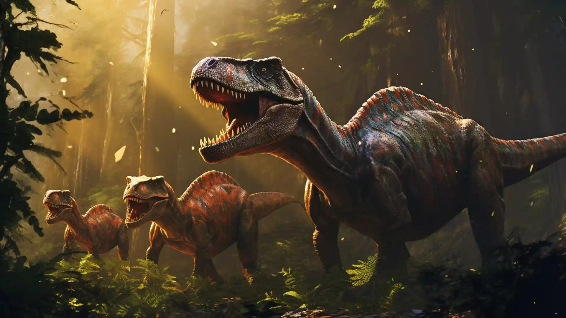 森の中で恐竜のラプトルが3匹並んで牙を剥いている