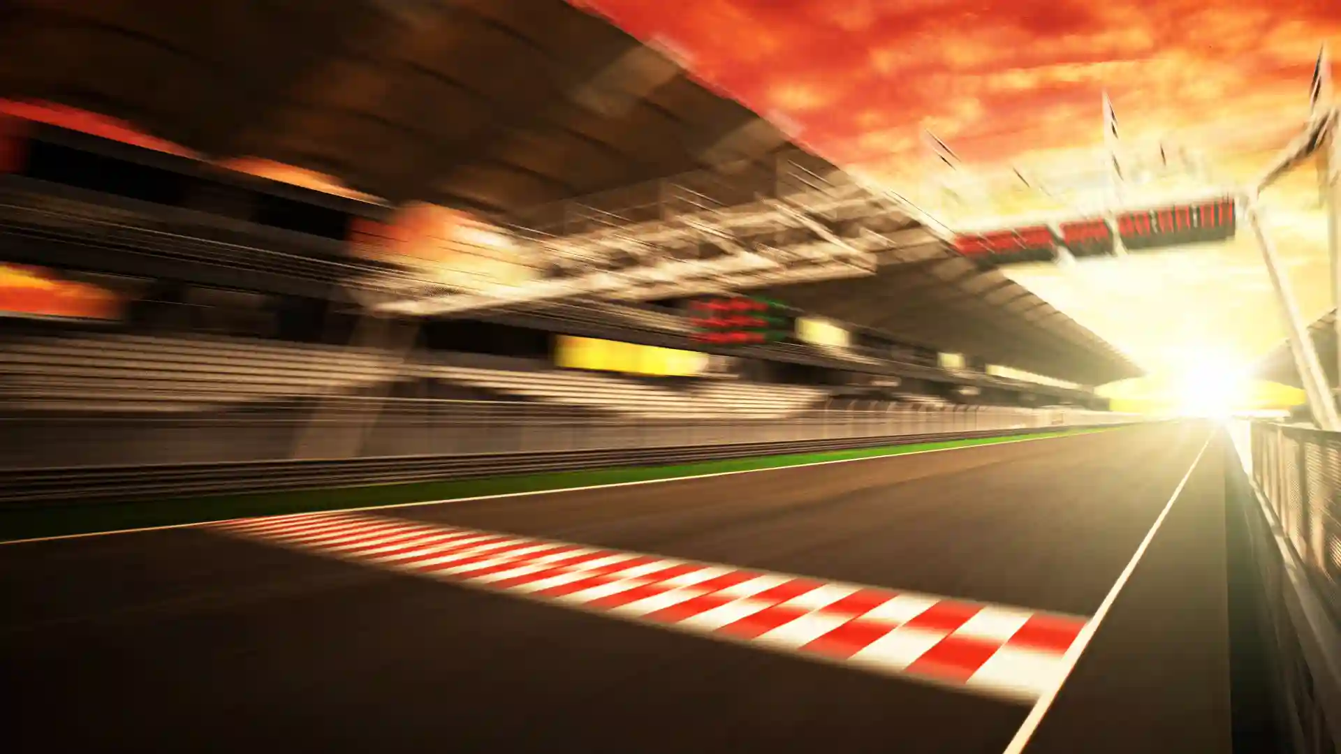 運転者の視点からサーキットのゴールを走り抜けている