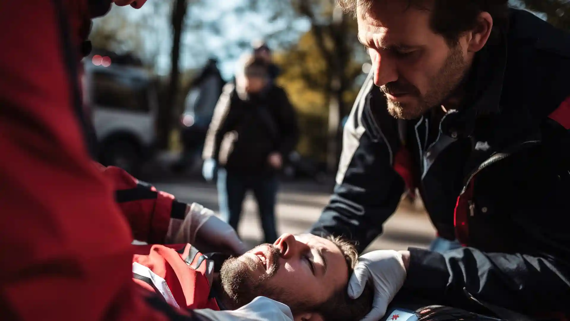 怪我して倒れている男性を救急隊員たちが助けている