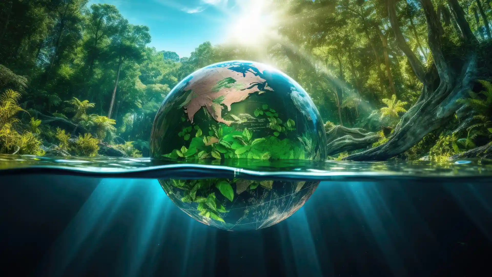 ジャングルの川の中に地球が浮かんでいる