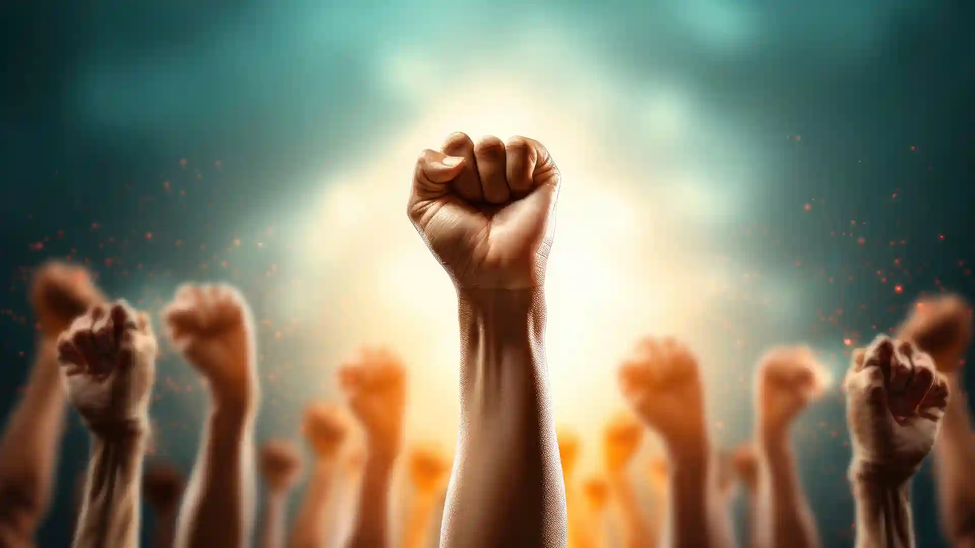 たくさんの人が拳をあげている