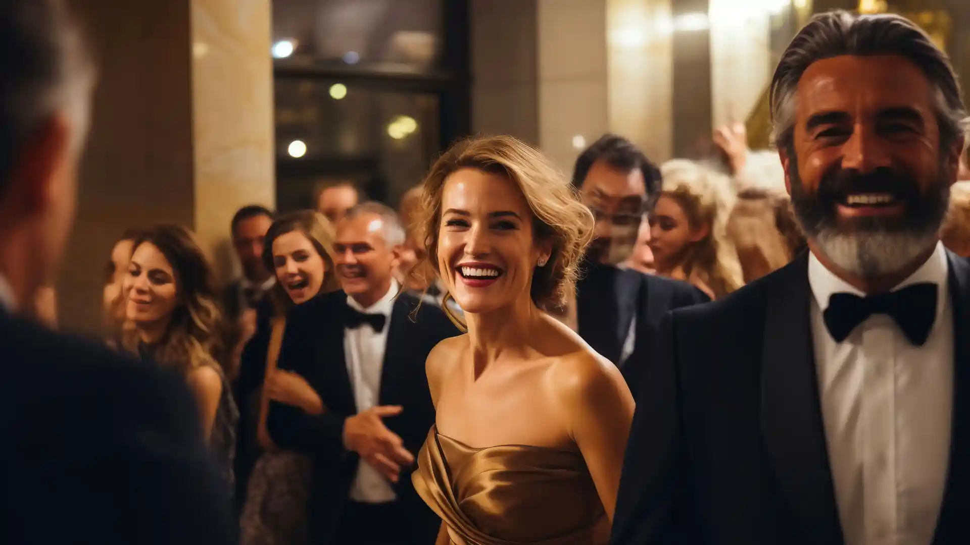 俳優たちがこちらを見て笑ている