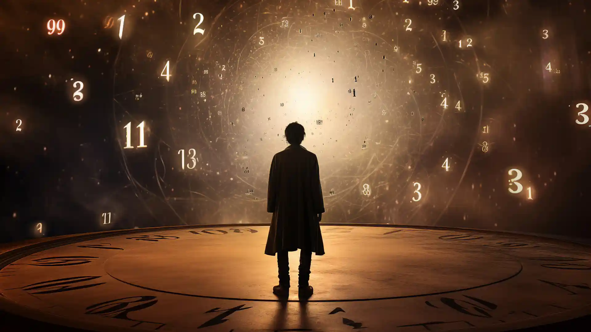 不思議な時間空間の真ん中に男性が立っている