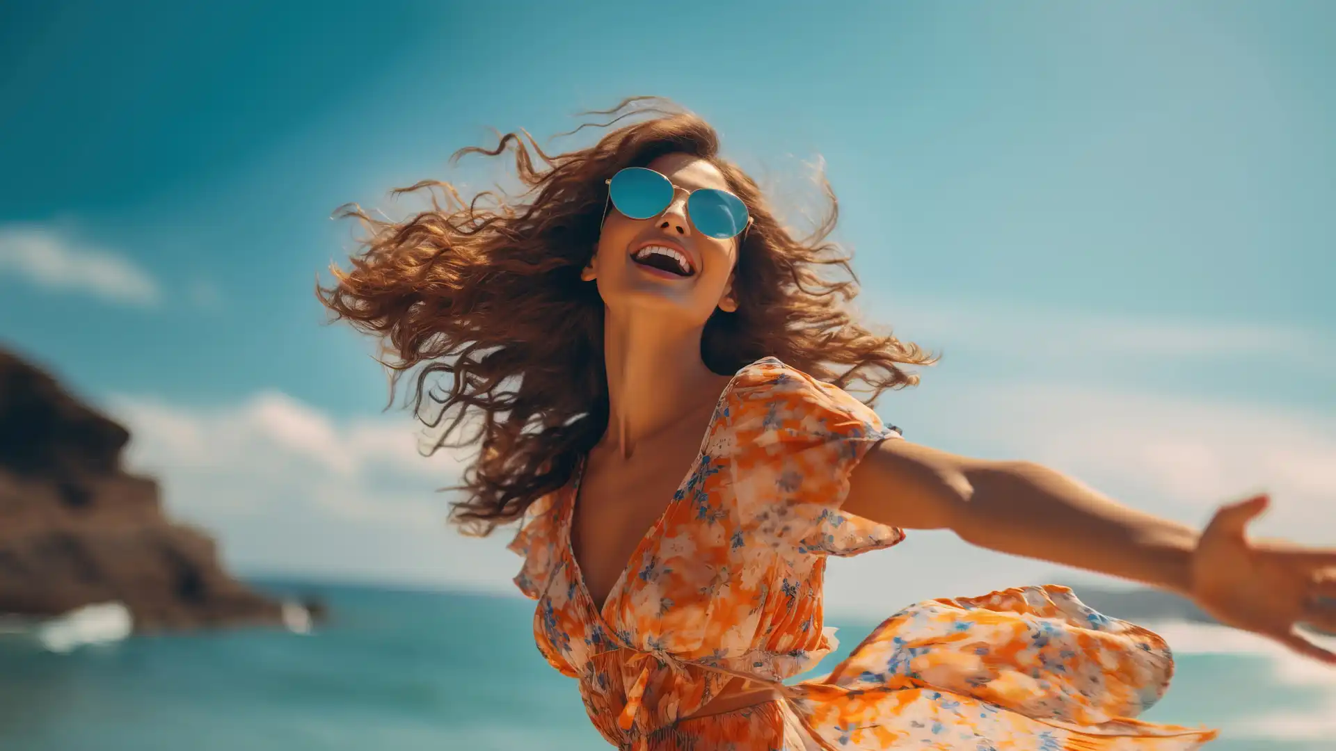 オレンジのワンピースとサングラスをかけた女性がビーチで手を広げて踊っている