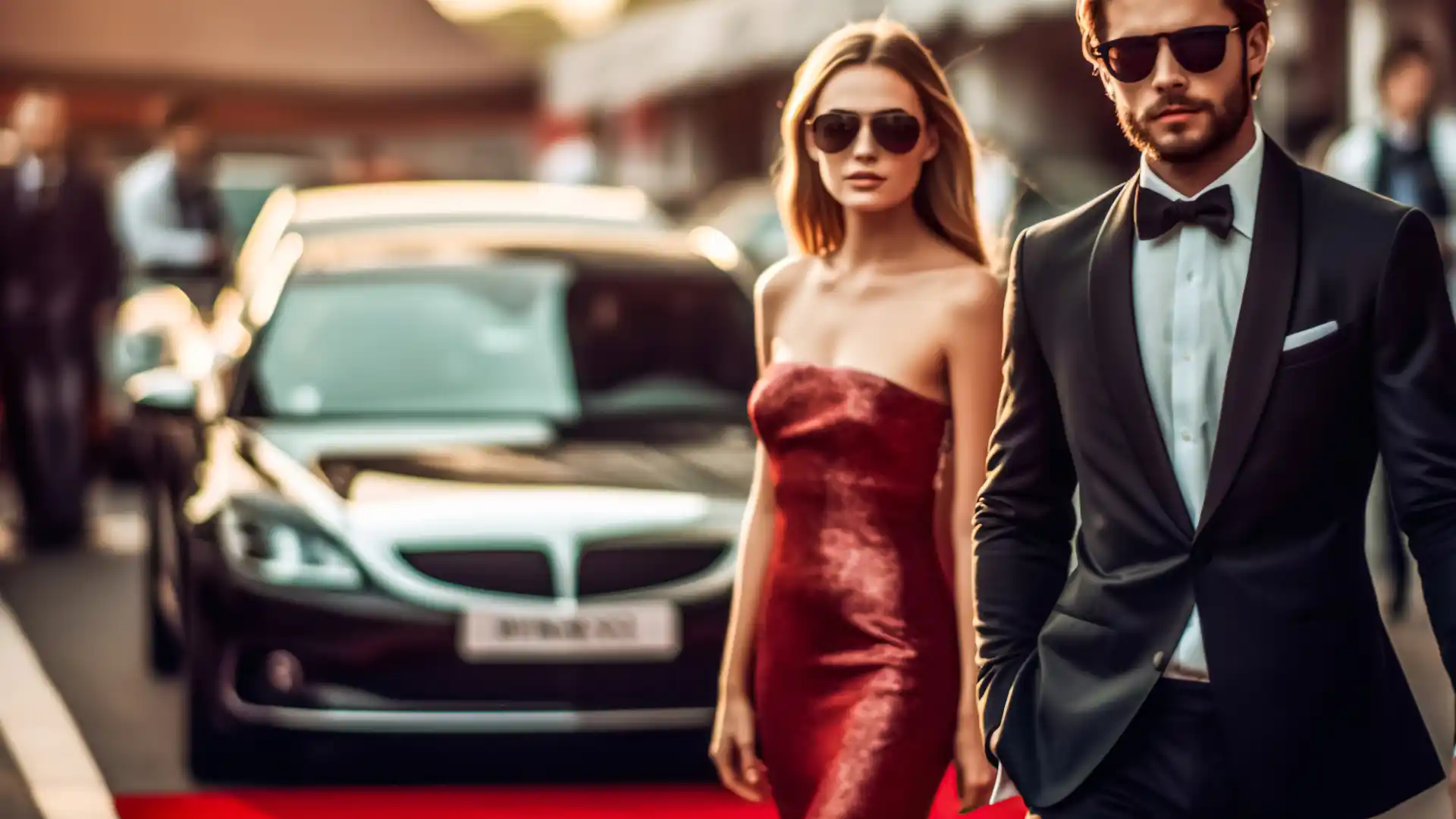 タキシードを着た男性とドレスを着た女性がサングラスをかけてレッドカーペットを歩いている