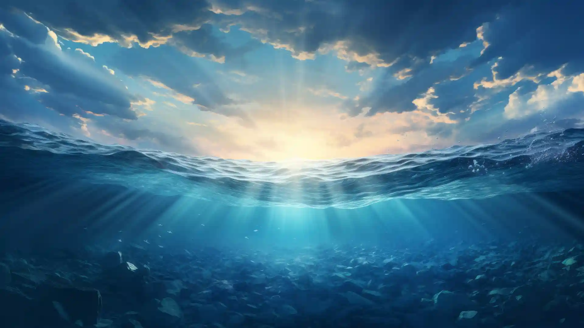 水中と水面と空、その水平線から太陽が昇ってきている