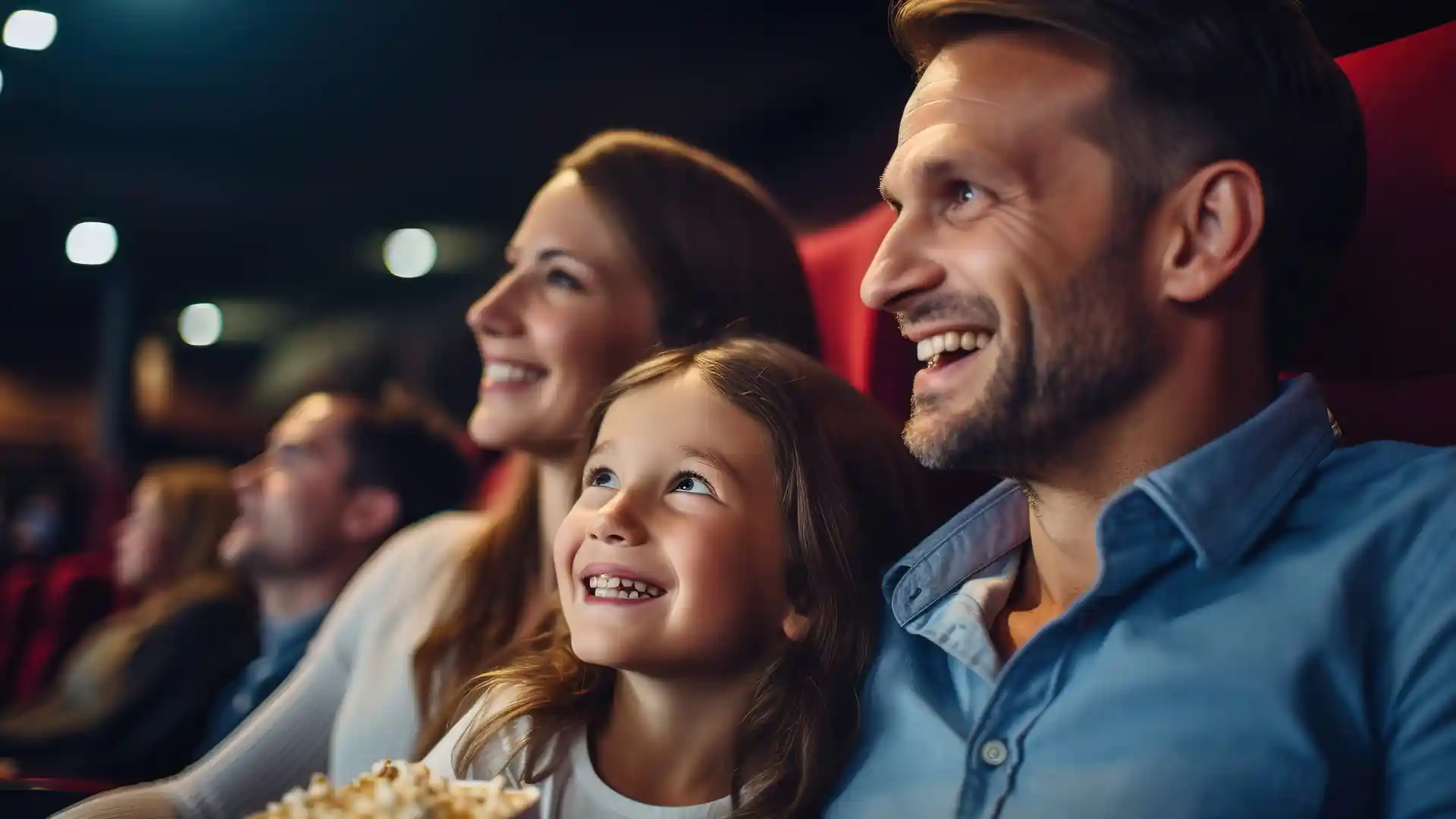 映画館で笑顔で映画鑑賞している夫婦と娘