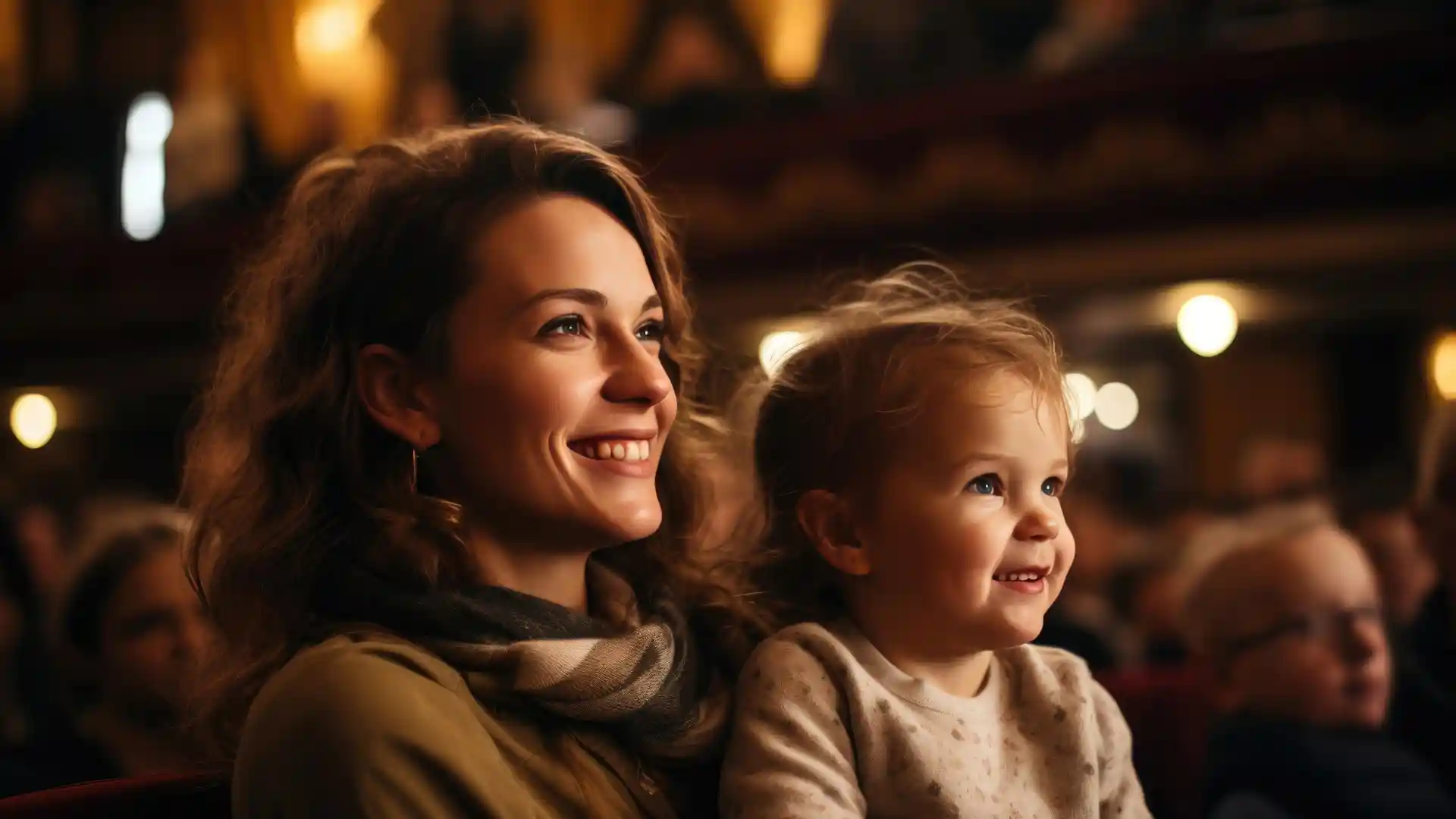 赤ちゃんを抱き抱えた女性が映画を見て笑っている