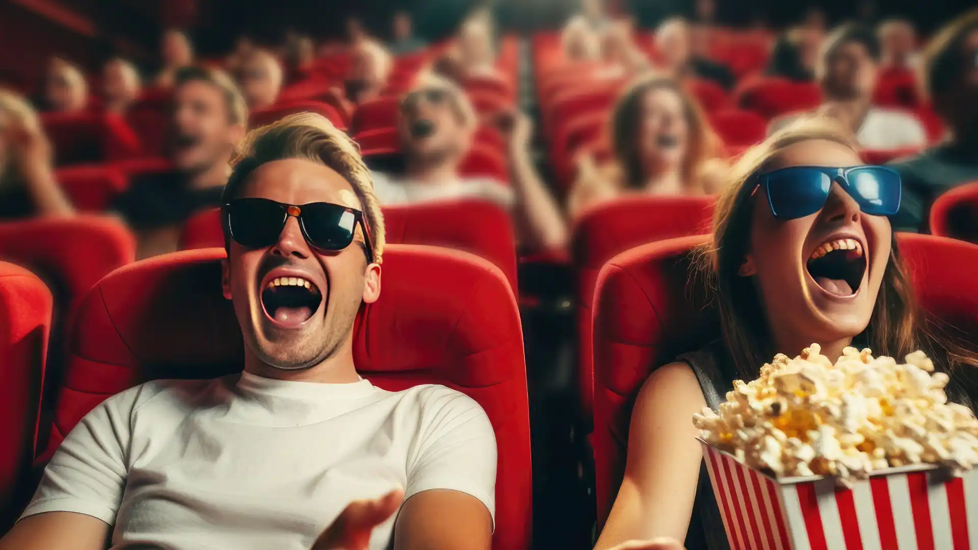 映画館で大笑いする特大ポップコーンを抱えたカップル