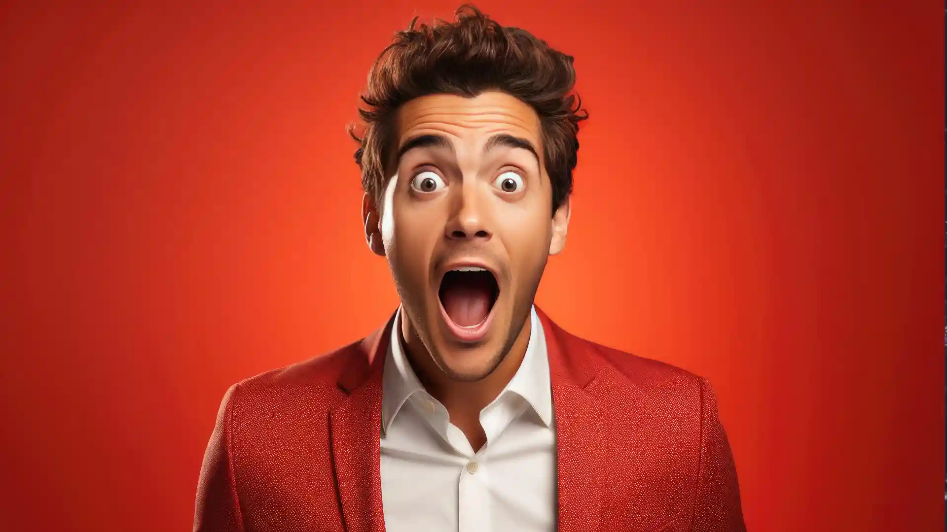 赤い背景に赤いジャケットを着た男性が驚いた顔をしている